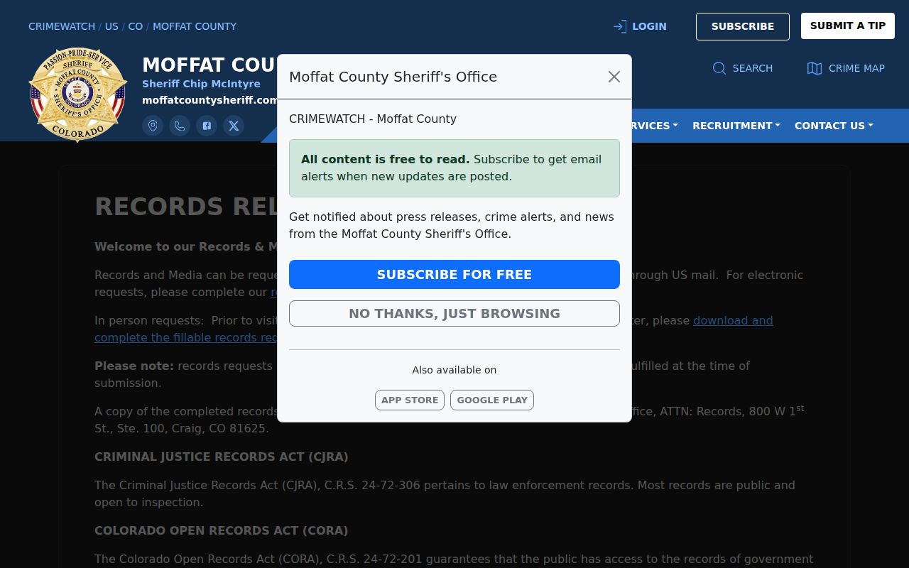 Moffat County arrest record Sheriff release form