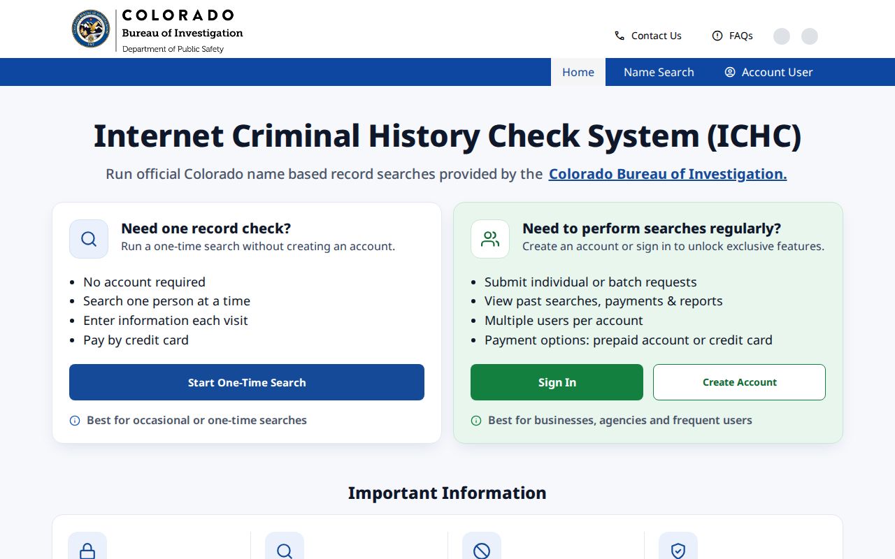 Colorado ICHC criminal history name search interface